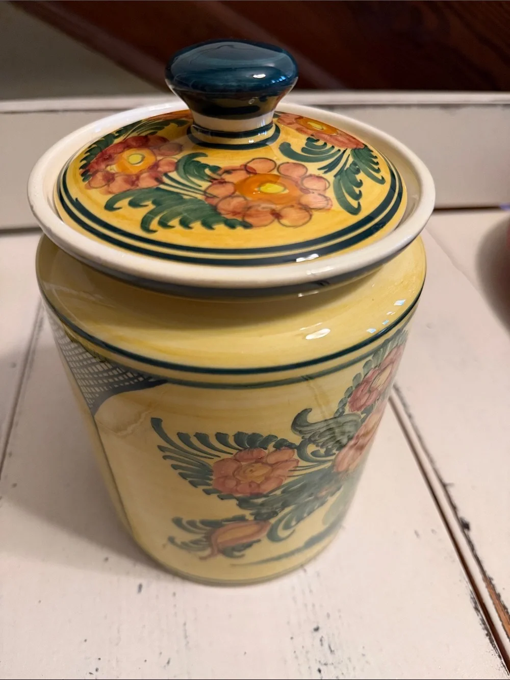 Pretty yellow and green cannister with lid.  Pottery from Greece.   AS IS!